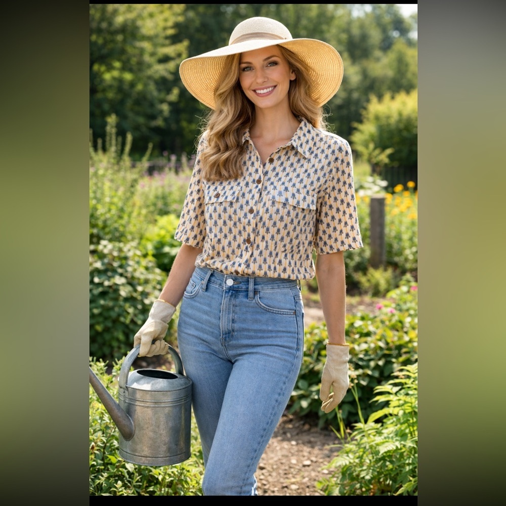 Duluth Trading Co Shirt Women M Artisan Hemp Cotton Short Sleeves Paw Print